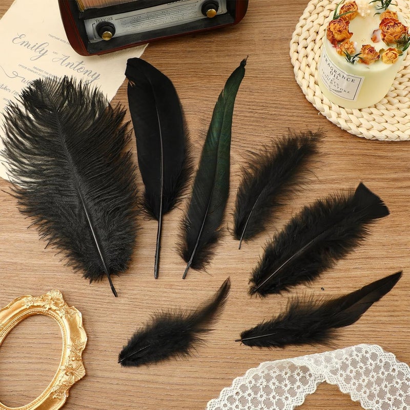 MARFOREVER 100 PCS Halloween Black Craft Feathers, 8 Styles Assorted Mixed Natural Feathers Black Goose Feathers Bulk for DIY Crafts Costume Dream Catcher Wedding Home Halloween Party Decorations - Image 4